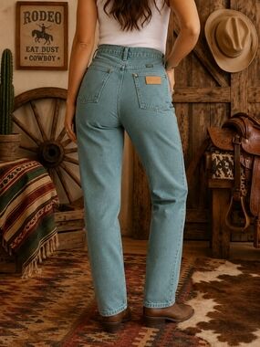 Vintage Wrangler 936KMT Sage Green Denim Jeans High Rise Straight Leg USA 33x34